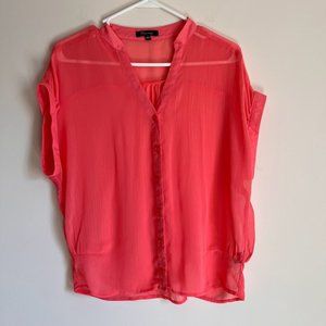 Semi Sheer Coral Pink Short Sleeve Blouse, Large